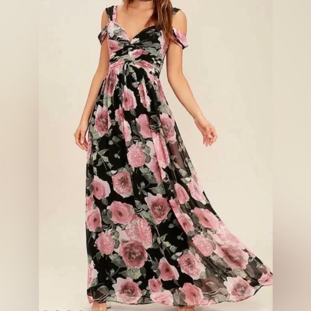 Lulus Give Me Amore Black and Pink Floral Print Chiffon Maxi Dress